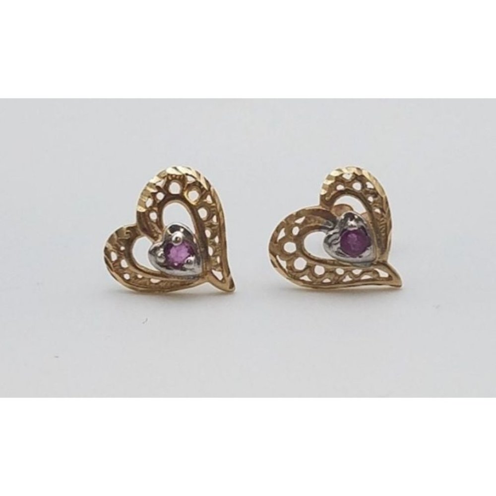 10Kt Yellow Gold Heart Earrings Pink Stones